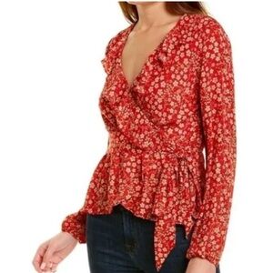 Max Studio Red Floral Ruffle Wrap Top